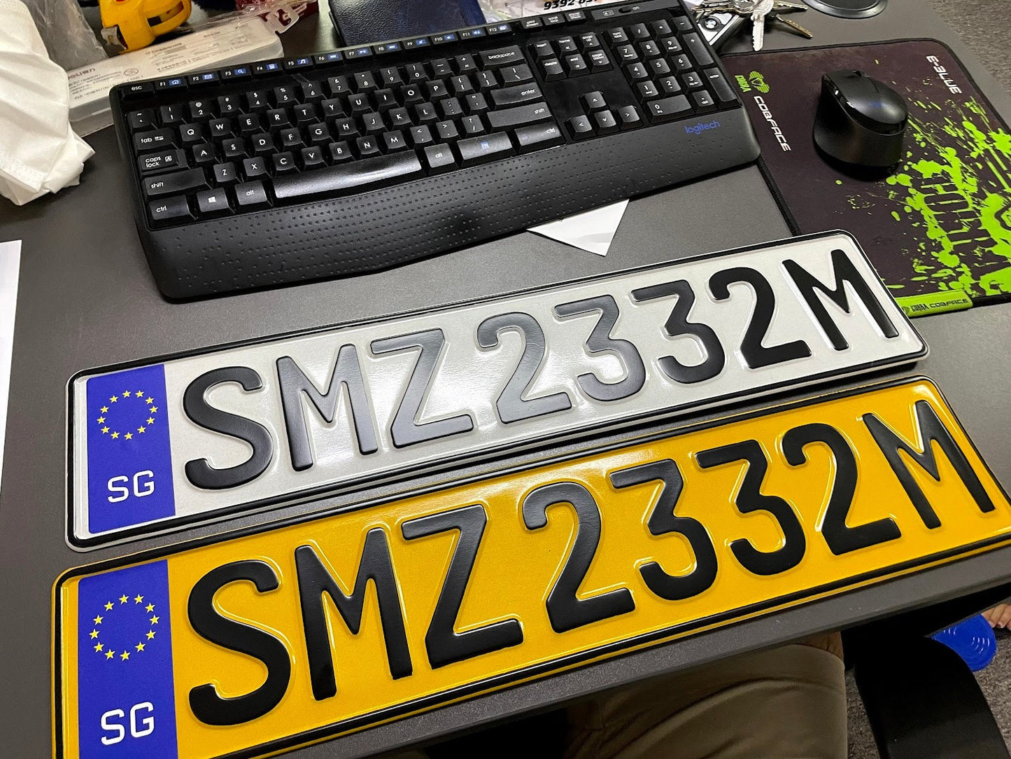 Euro Font Embossed Number Plate White/Yellow [LTA NON COMPLIANT]
